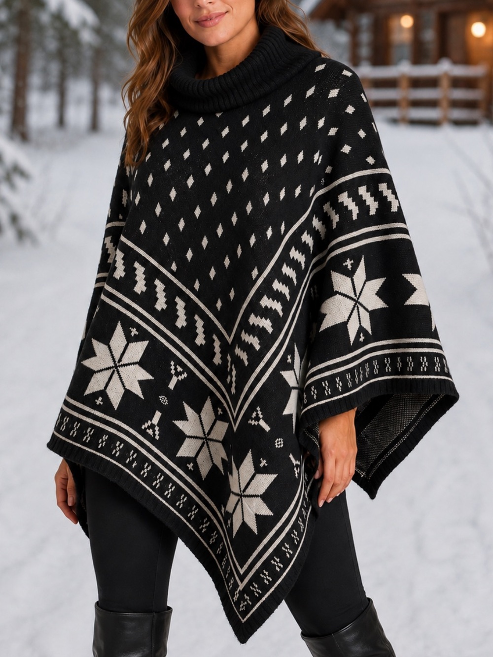 Boston Proper Black & Ivory Fair Isle Snowflake Cowl Neck Poncho Wool Sweater